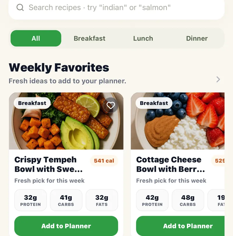 Discover: Weekly Favorites with calories and macros, each with an Add to Planner button