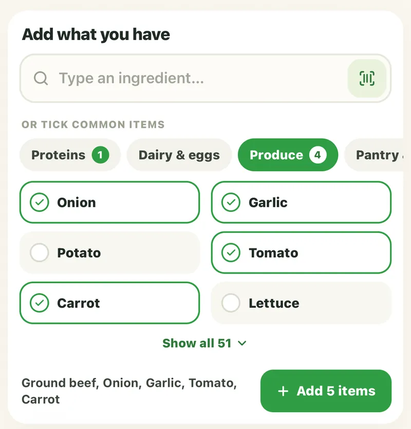 My Fridge: type an ingredient or scan a barcode, or tick common items like onion, garlic, tomato and carrot